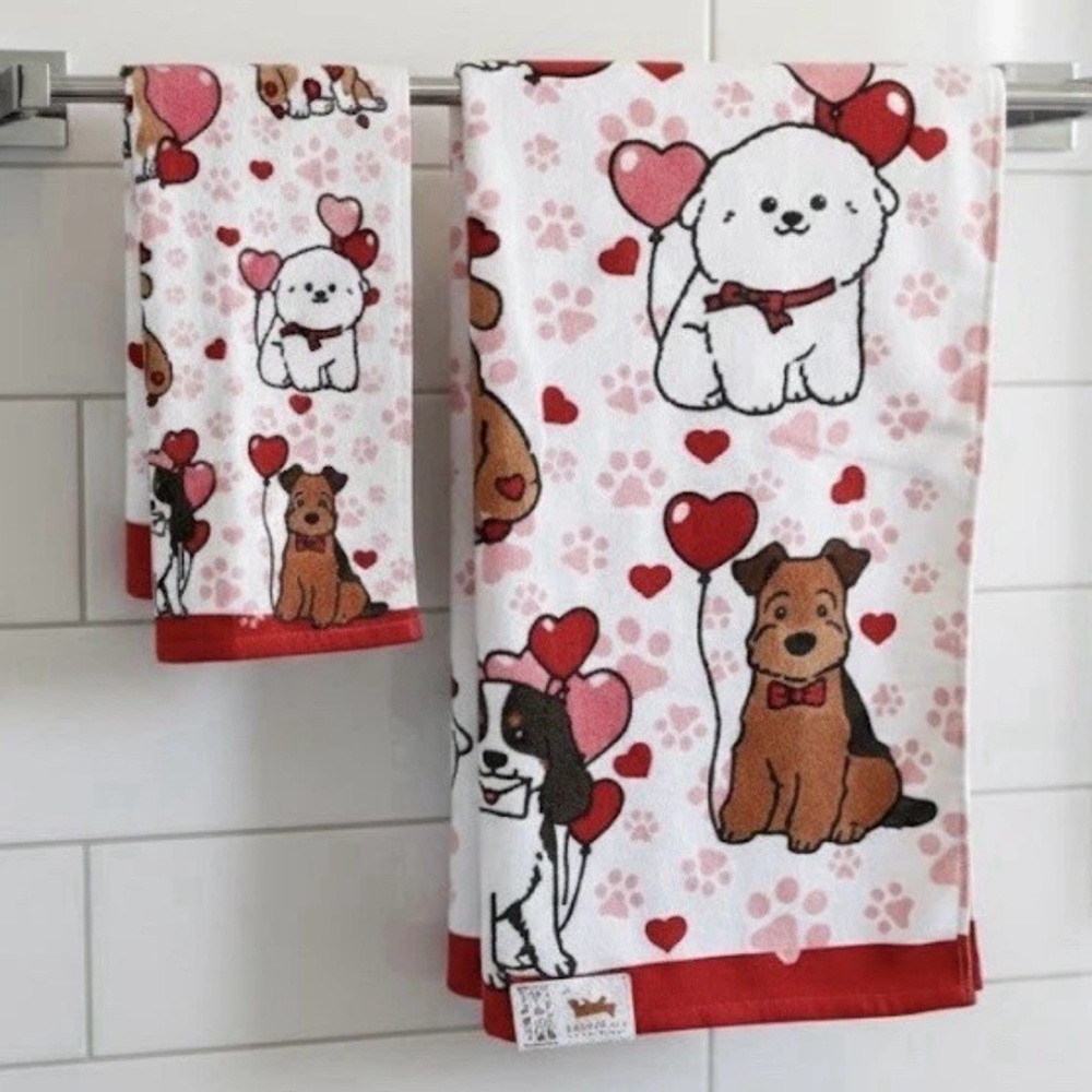 Kassafina PUPPY LOVE Dogs Hearts Set Of 2, Bath & Hand Towel, Corgi, Terrier etc